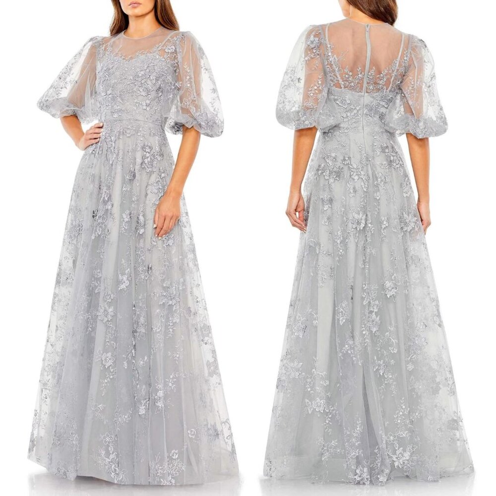 NWT MAC DUGGAL EMBROIDERED ILLUSION HIGH‎ NECK RUFFLE SLEEVE GOWN SZ 10 SILVER